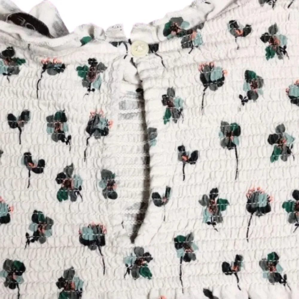 LOFT Floral Smocked Puff Sleeve Top White Green Pink Short Sleeve Blouse M
